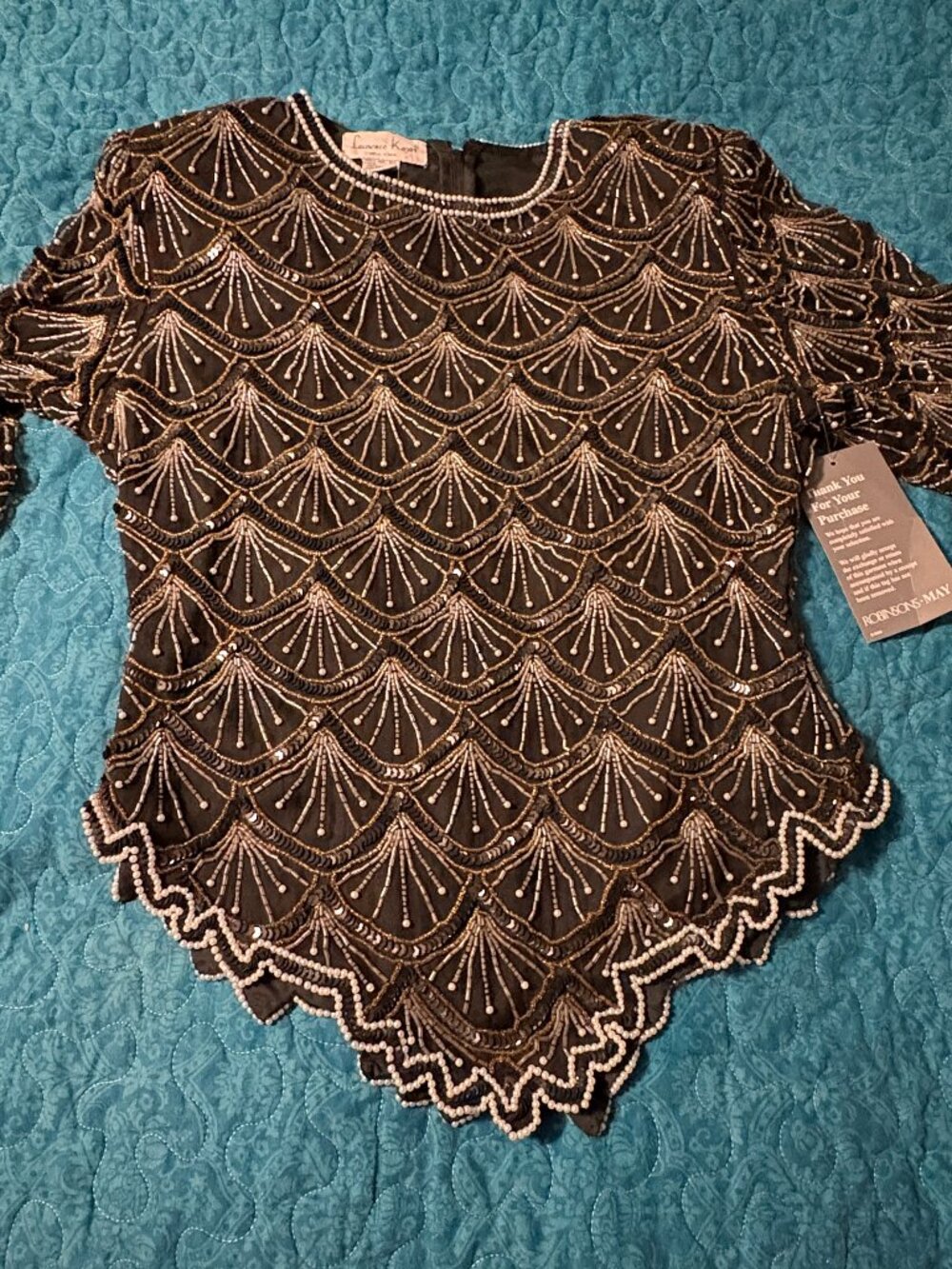 Laurence Kazar Black Gold Pearl Sequin Bead Scallop Long Sleeve Top Size L/M NWT